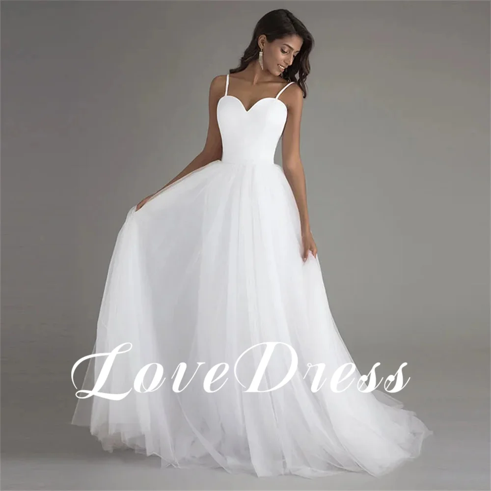 Vestido de novia de tul con tirantes finos y espalda descubierta, prenda de princesa Simple con escote Corazón, línea A, longitud hasta el suelo, con cremallera, elegante, 2024