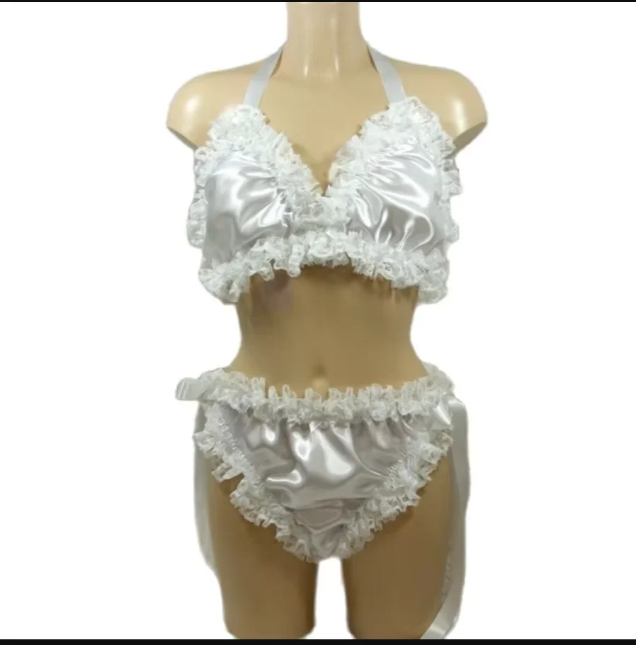 

Multicolor Adult Giant Baby Sexy Girl White Thin Strap Satin Sissy Top Maid Pants Role Playing Swimwear Customization