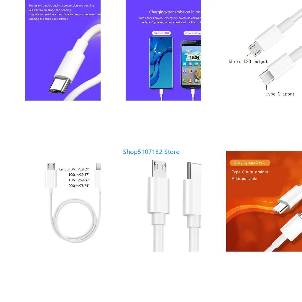 87HD USB C to Micro USB Charging Cable Data Transmission Cord for Laptop Phone