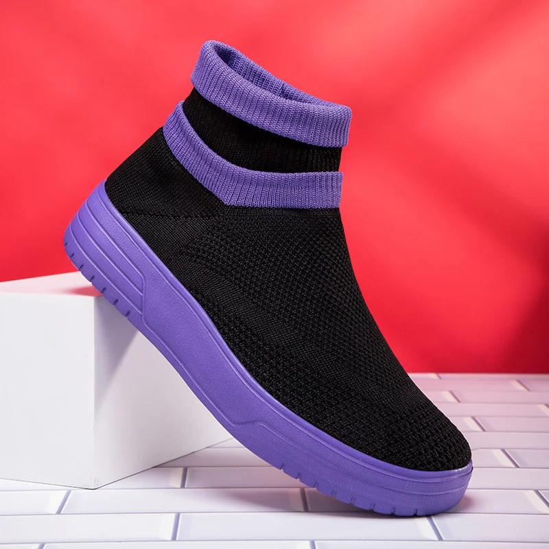 

High Top Knit Running Shoes Men Trendy Purple Slip-on Breathable Socks Sneakers Women Outdoor Casual Platform Men's Sports Shoes