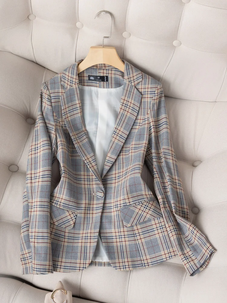 

Casual Plaid Women's Jaet Long Sve Briti Sle Korean Version Spring Autumn Season Faionable Polyester Fabric