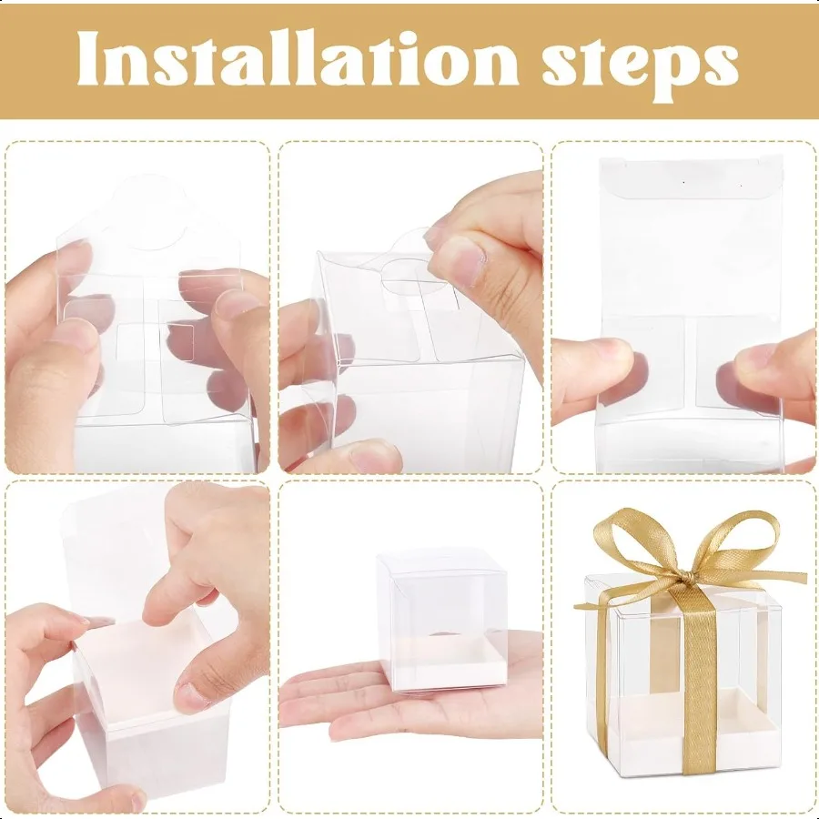 50 Pack Favor Boxes 2x2x2 Inches Clear Candy Treat Boxes with Gold Ribbons Mini Plastic Gift Boxes for Wedding Birthday Party B