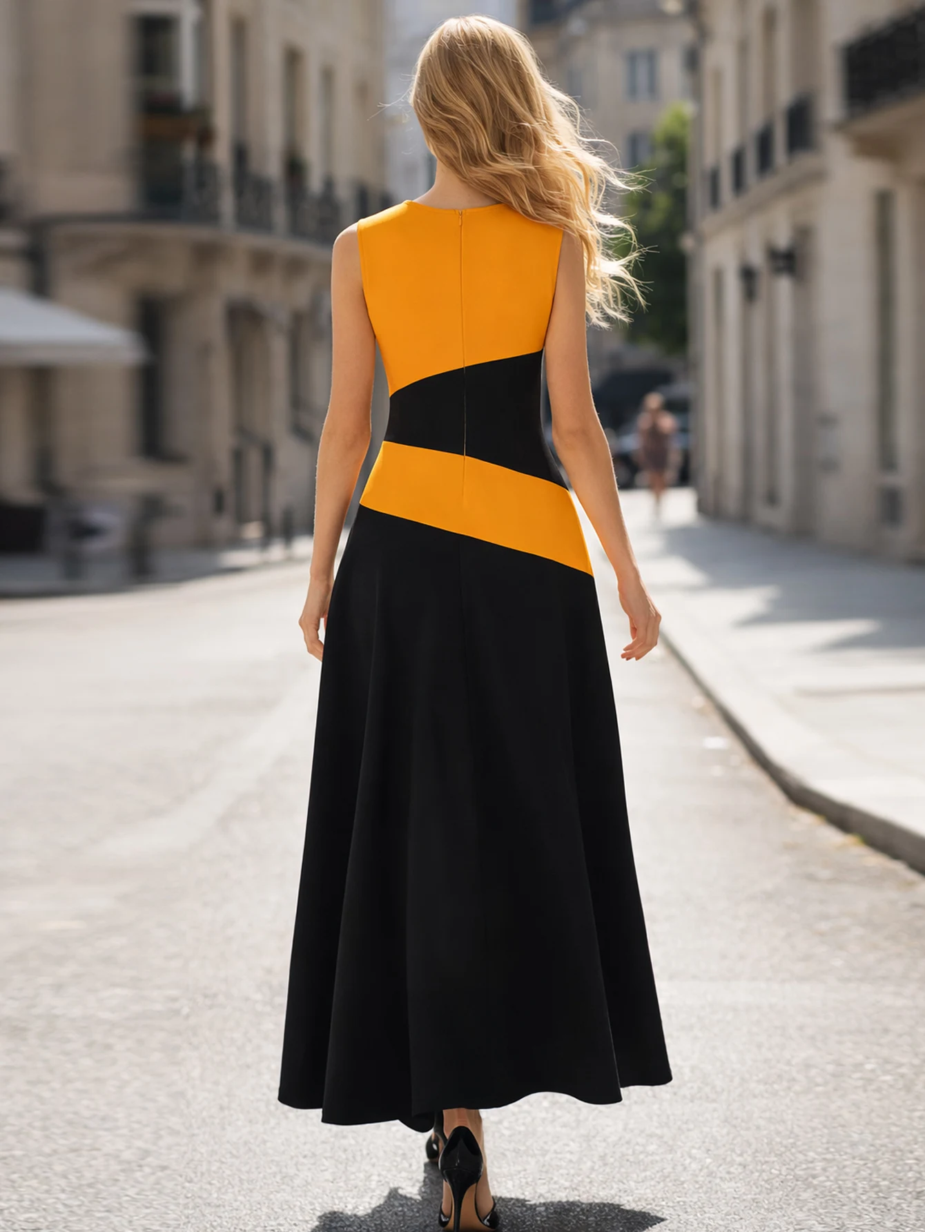 Womens Summer Sleeveless O Neck Colorblock Patchwork Elegant Maxi A-Line Casual Party Fit And Flare Skater Swing Long Dress