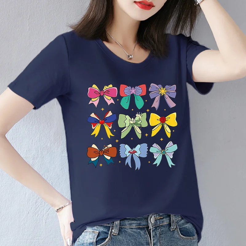 Women's Casual Polyester T-shirt with Colorful Ribbon Bow Pattern Crew Neck Short Sleeve Graphic Summer polyester fabric