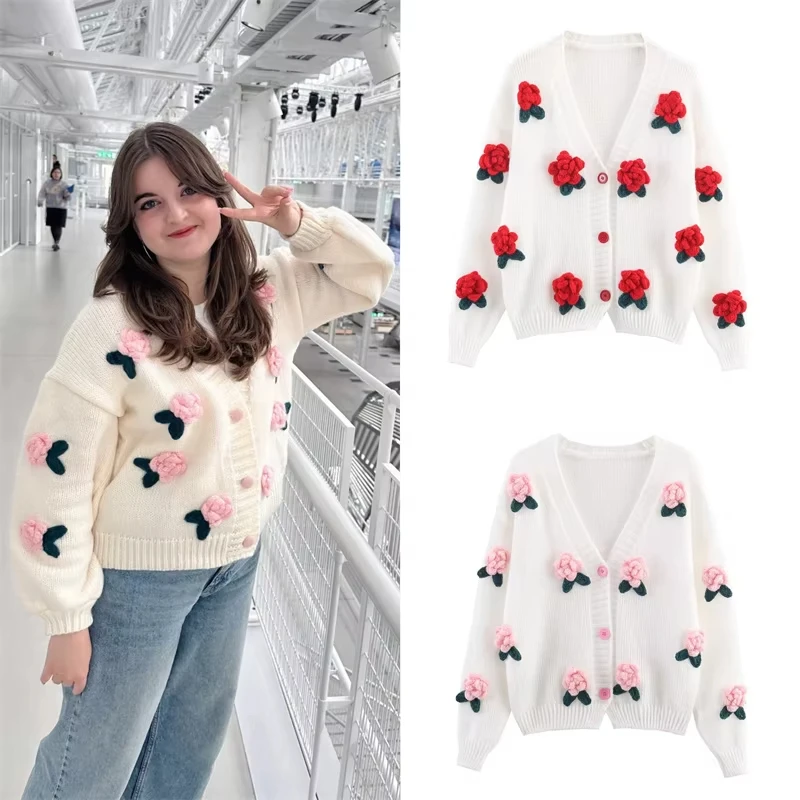 

2025 Spring And Autumn New Women's Sweater Jacket Holiday Style Fashion Bohemian Three-Dimensional Flower Knitted Cardigan Tops