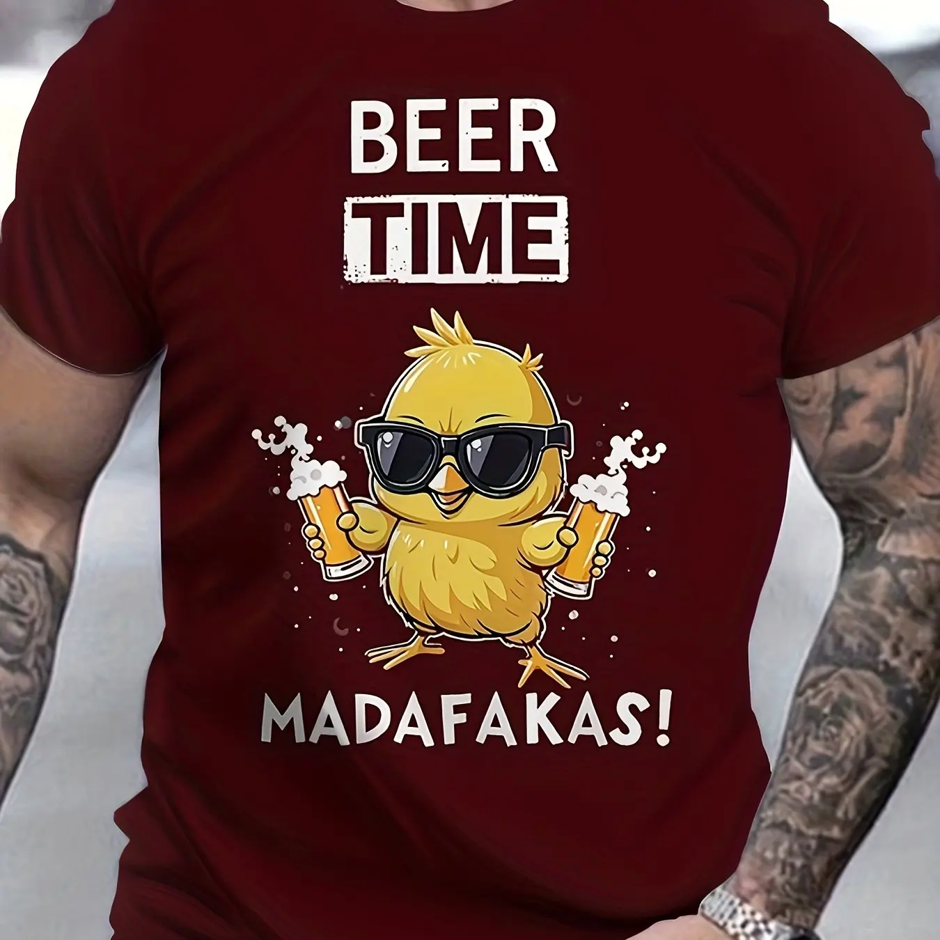 

2025 new model Men's Summer 100% Cotton Fashionable Casual Loose "Beer Time" Chicken Pattern Printed Round Neck Short Sleeve T-s
