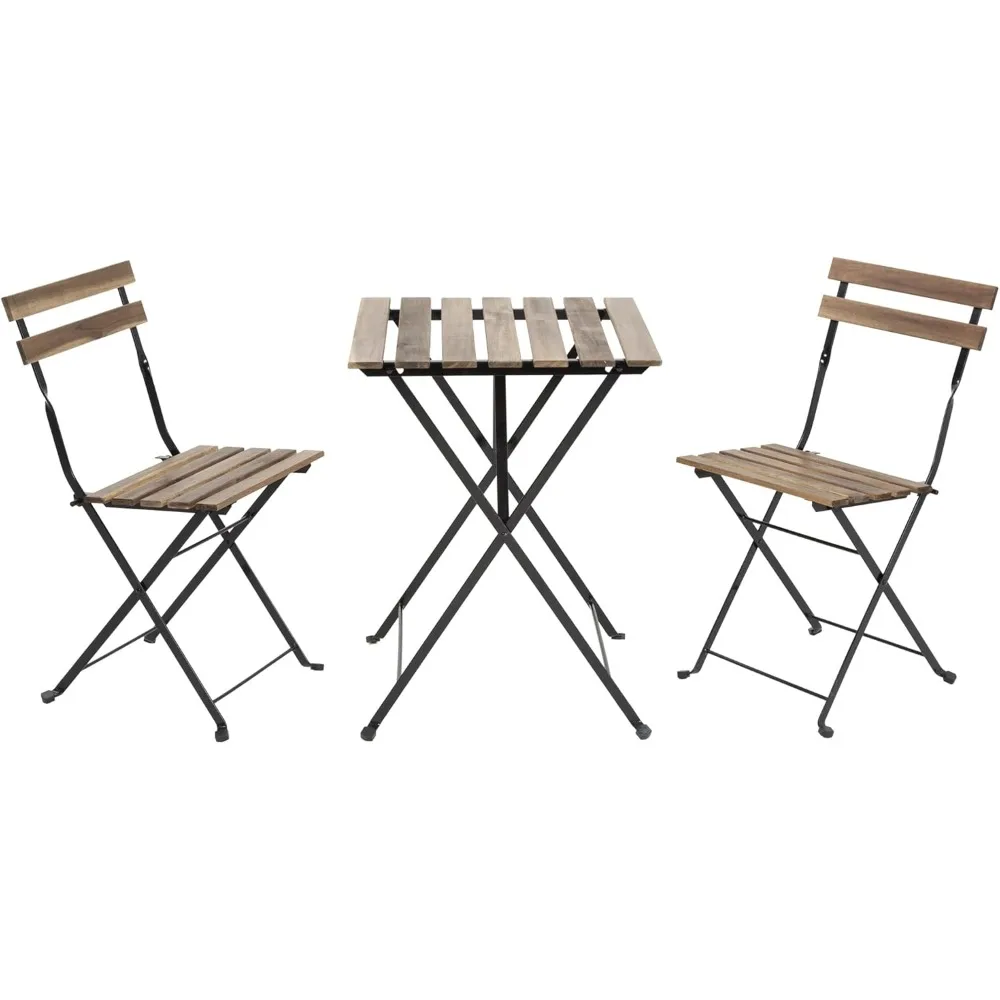 3 Pieces Bistro Set Outdoor Furniture Sets 2 Folding Chairs and Table Steel Frames and Weather-Resistant Wood Portable Design fo