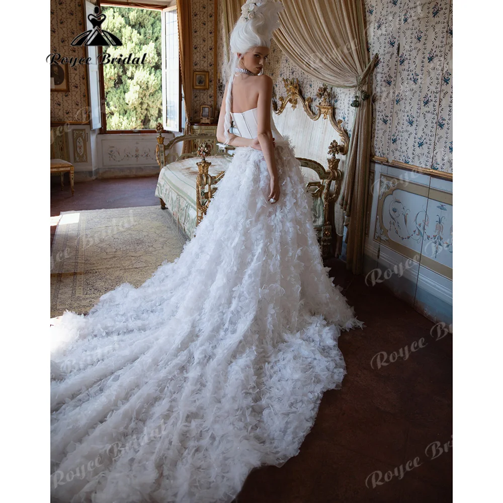 Strapless Satin Ball Gown Wedding Dress 3D Floral Tulle Bridal Gown Corset Bodice Luxury Baroque Style Castle Church Customized