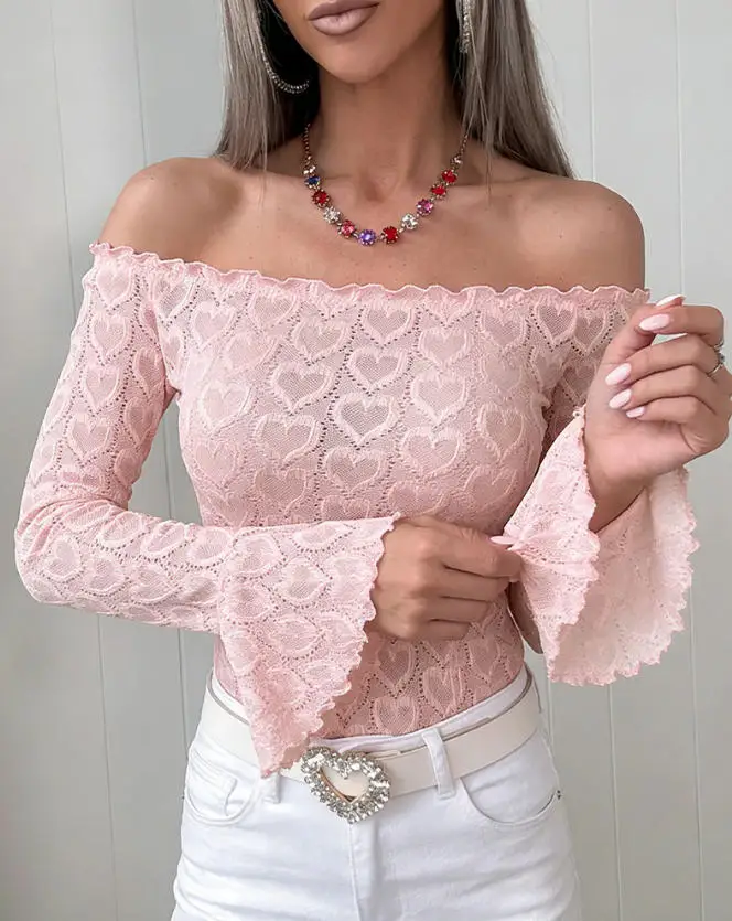 Women's Top 2026 New Spring Autumn Heart-Shaped Jacquard Off Shoulder Flared Long Sleeve Slim Fit Daily Casual Basic Top