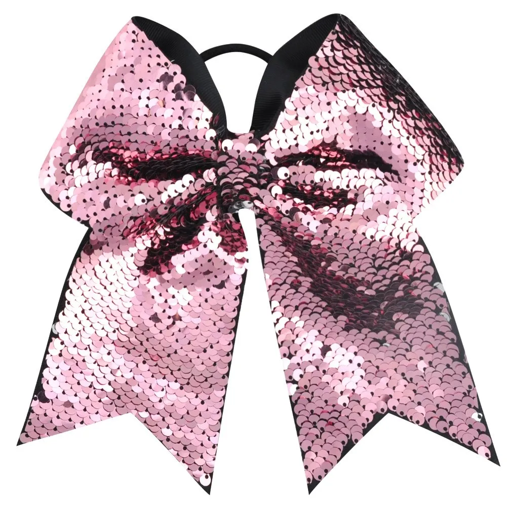 

7" Rainbow Reversible Sequin Mermaid Ribbon Big Large Cheerleading Bow Elastic Hair Band Girls Hair Accessories Wine Bottle Bows