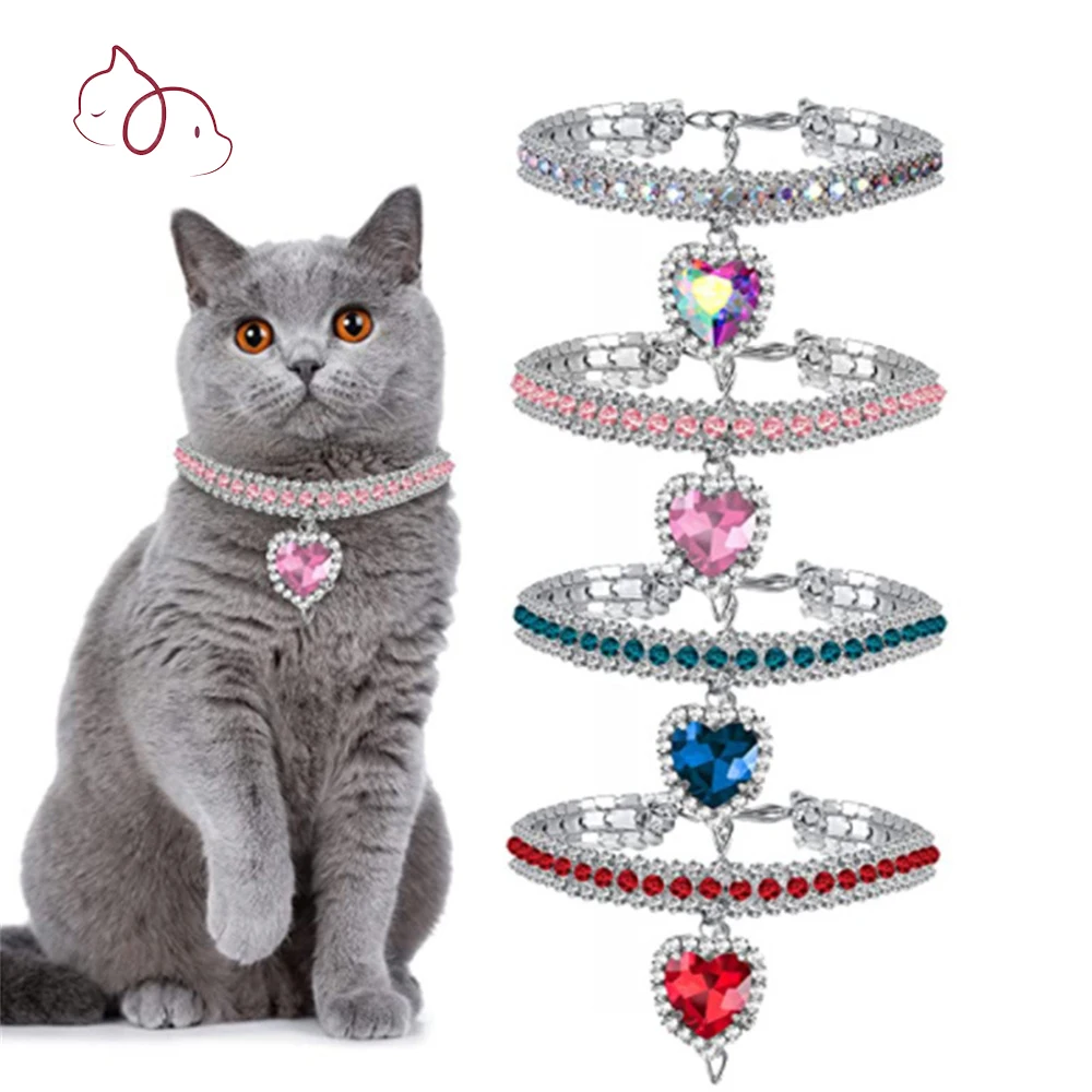 Colar de cristal com coração e strass, acessórios para animais, colar ajustável para gato, filhote pequeno, gatinho, luxo, glitter