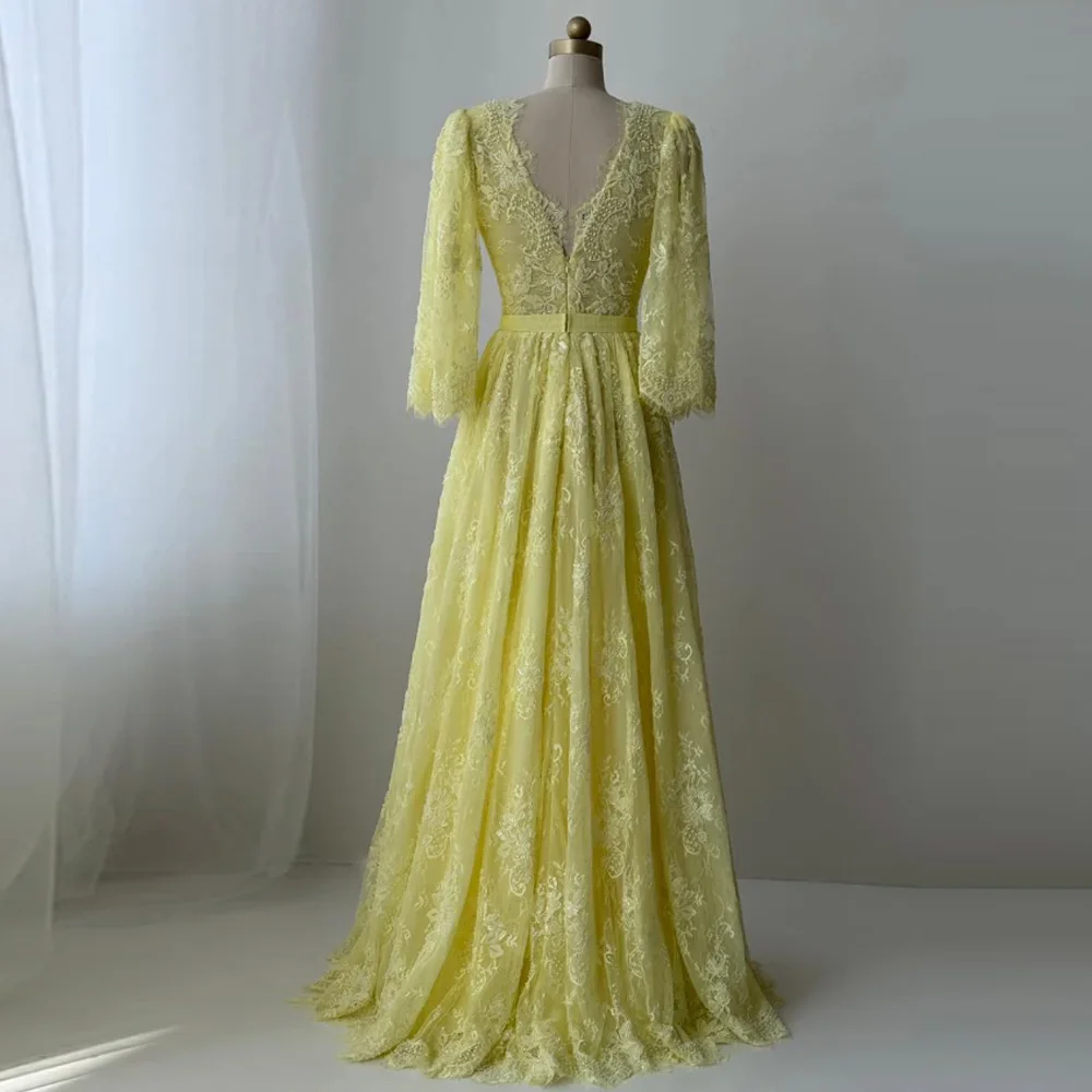

Customized Romantic Yellow V-Neck A-Line Prom Gown Bell Sleeve Floral Lace Belted Tulle Formal Evening Dress Wedding Guest Dres