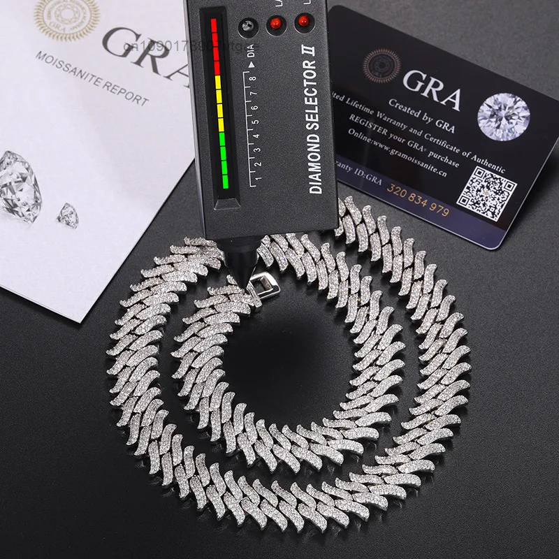 Diamond Pass Tester 16mm 925 Sterling Silver VVS Moissanite Diamond Iced Out Thorn Miami Cuban Link Chain Necklace for Men.