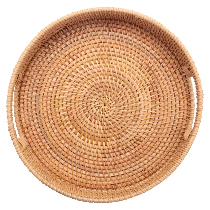 Round Rattan Woven Serving Tray With Handles Ottoman Tray For Breakfast, Drinks, Snack For Coffee Table, Home Decorative