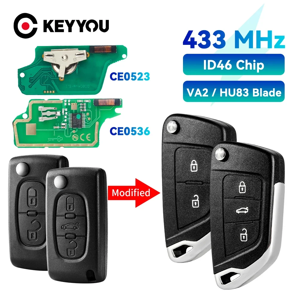 KEYYOU 2 3 pulsanti Remote Car Key ASK/FSK 434Mhz per Citroen C4 C5 C6 C8 Xsara Picasso per Peugeot 107 207 307 308 CE0536/0523