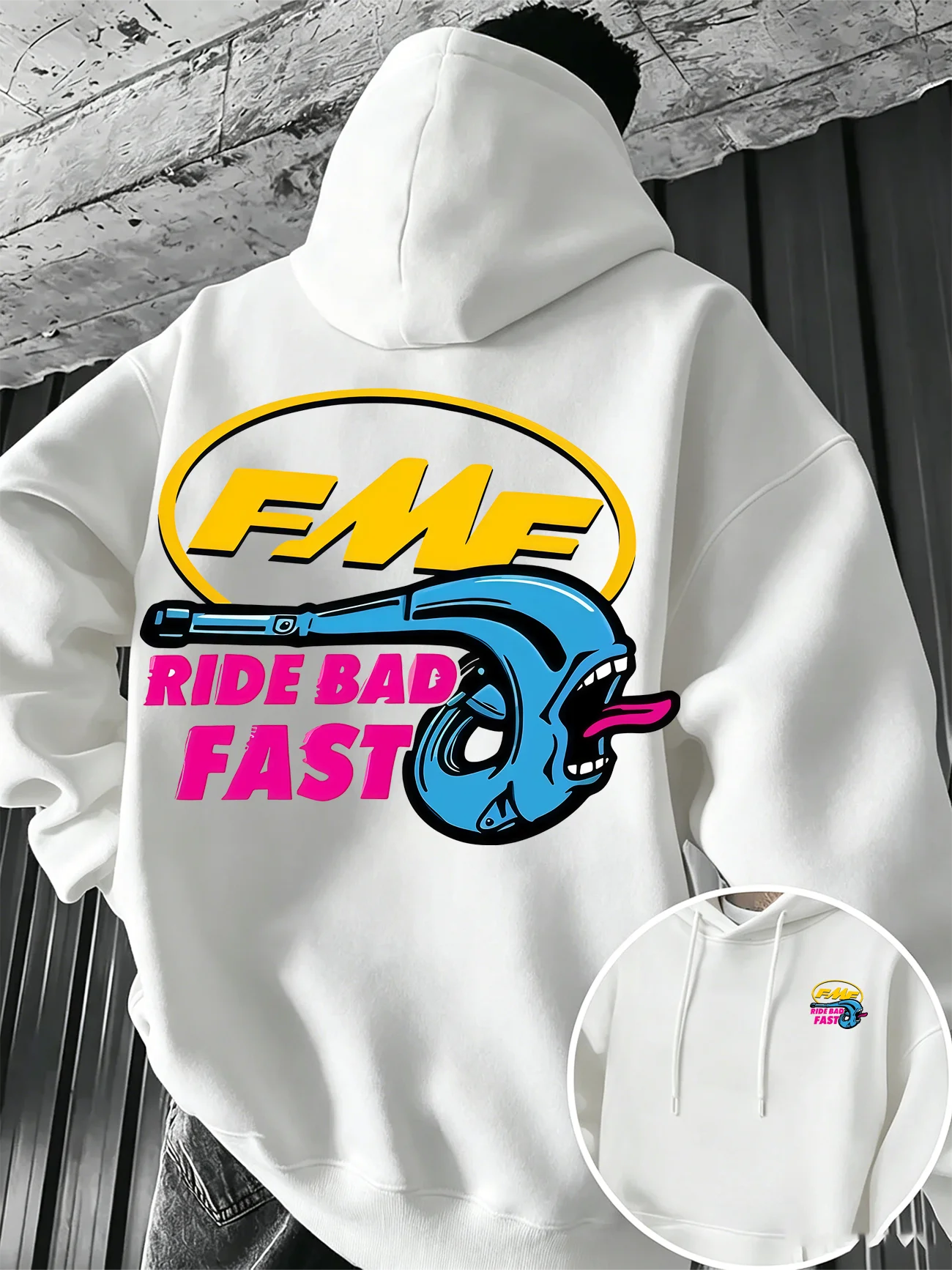 Loose Retro FMF Exhaust Logo Ride Bad Fast Graphic Hoodie Men Off Road Motocross Print Fleece Pullover Street Hooded Sweatshirt