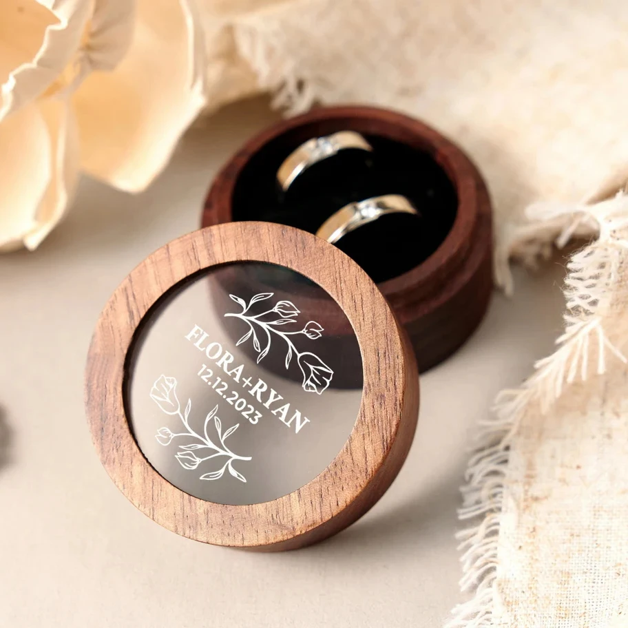 Free Custom Logo Walunt Wood Ring Box Wooden Engraving Wedding Proposal Engagement Round Wood Free Custom Name and Date Ring Box