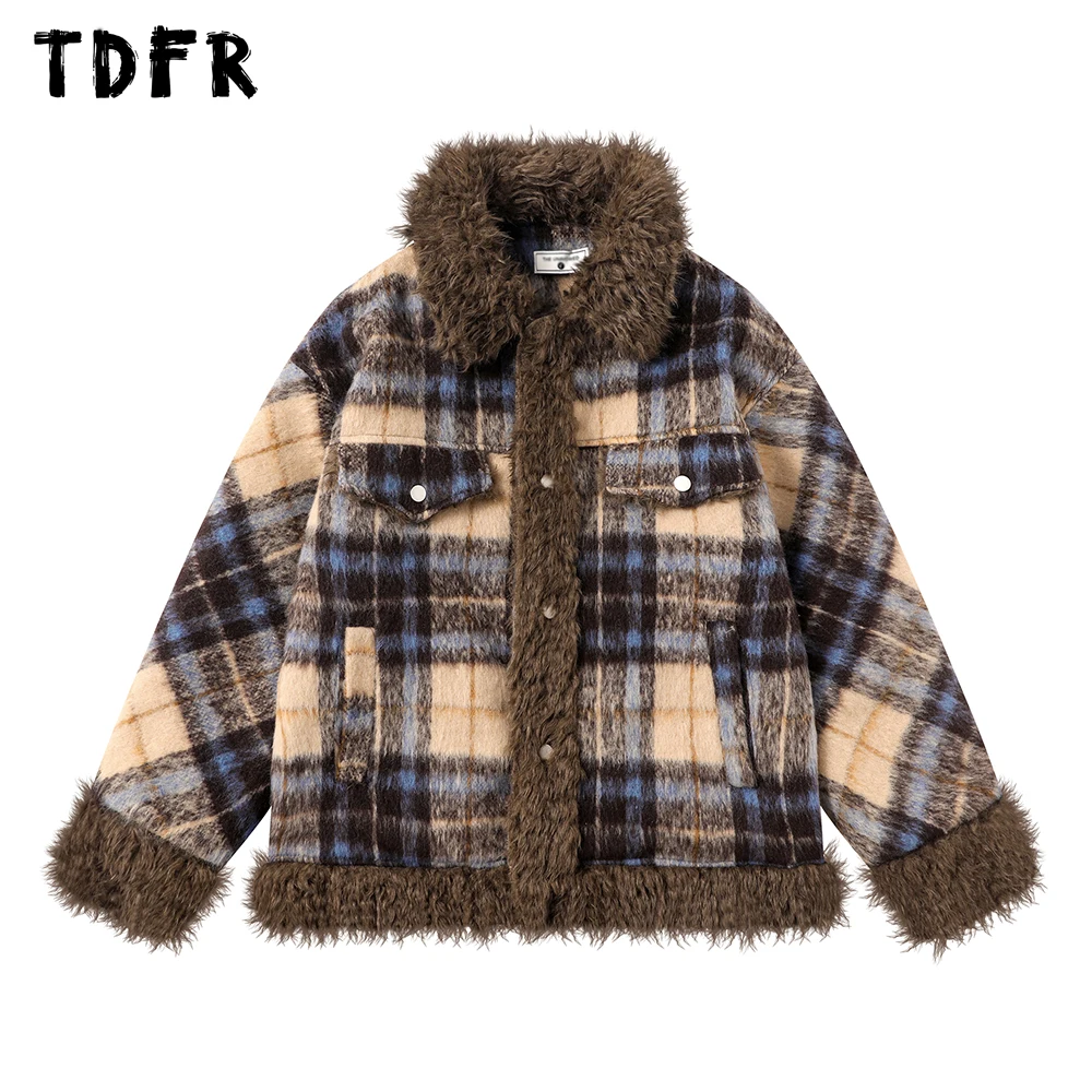 Retro Plaid Woolen Padded Jacket Mens Streetwear Winter Thick Lapel Spliced Single Breasted Long Sleeve Quilted Jacket Men