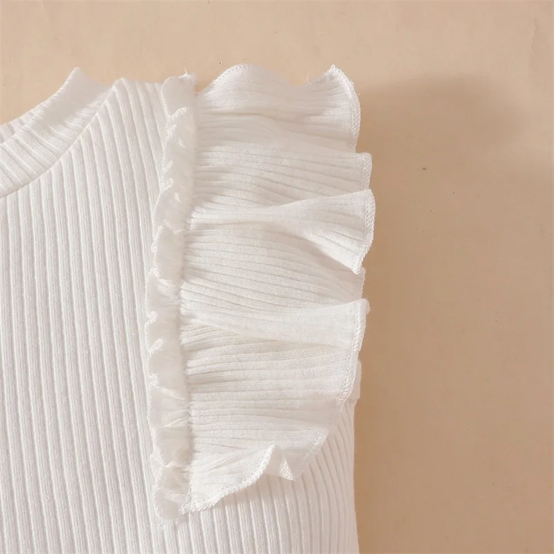 ملابس صيفية للفتيات الصغيرات بأكمام مضلعة ورقبة دائرية مع تنورة فيونكة صلبة ومجموعة من 3 قطع #5