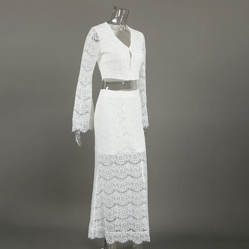 2 Pieces Set Sexy Fashion Women Perspective Female Y2K Long Sleeve Lace Tops And Long Skirt Suit Matching Sets Tracksuits Outfit