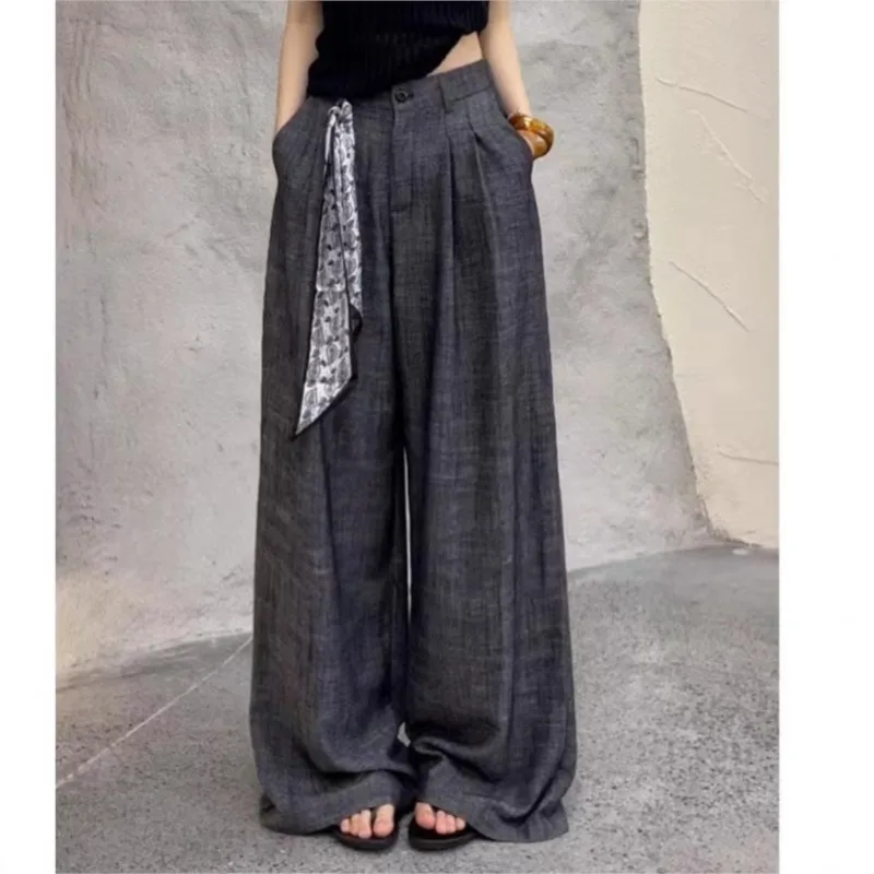 American style spicy girl cotton and linen casual skin-friendly long pants 2025 summer new fashion scarf wide-leg pants