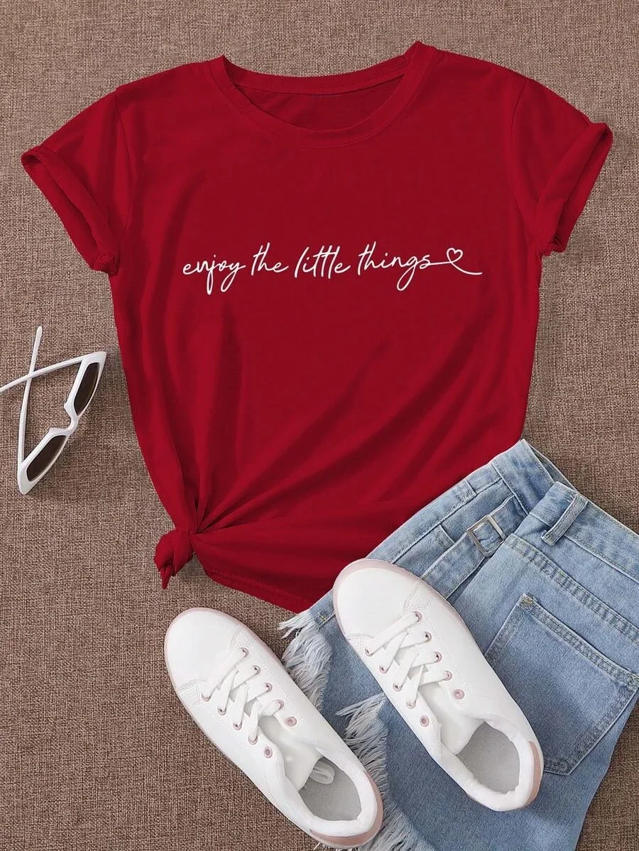 Enjoy The Little Things Women T Shirt Inspirational Quote Printed Tees Clean Girl Aesthetic Y2k Heart Graphic Short Sleeve Casual Dark Red Tops