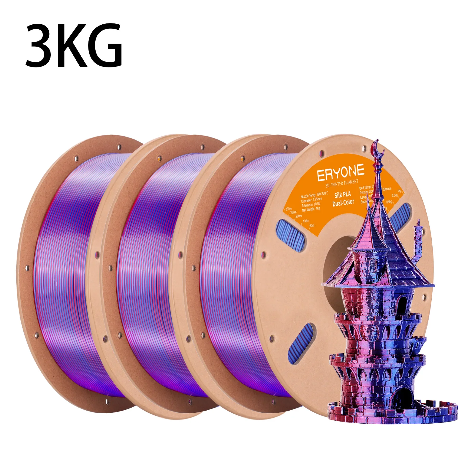 ERYONE 3KG PLA Dual Color Silk PLA Filament Compatibel met FDM 3D-printers 1KG 1,75 mm ±0,03 mm Perfecte spoelwikkeling 1kg spoel