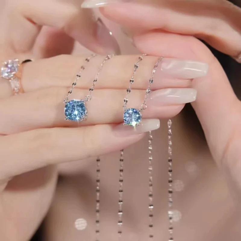 Shiny Single Zircon Necklace Classic A Drop of Tears Necklaces Four Claw Mini Blue Zircon Choker Chain For Women Gift KOFSAC