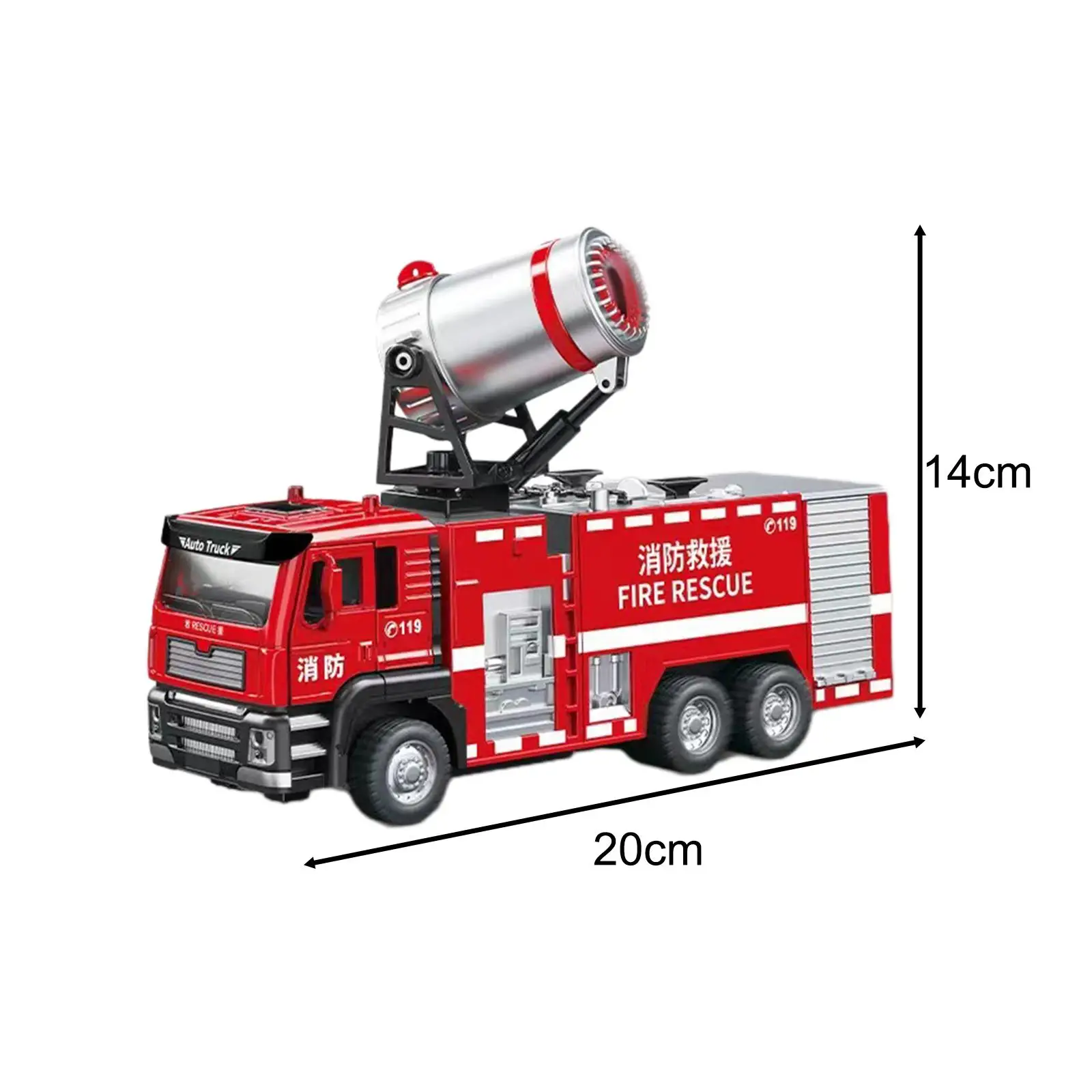 1/50 odlewany stop wóz strażacki wbudowany w światło i dźwięk z rozpyloną wodą pojazd do dekoracji blatu zabawka edukacyjna