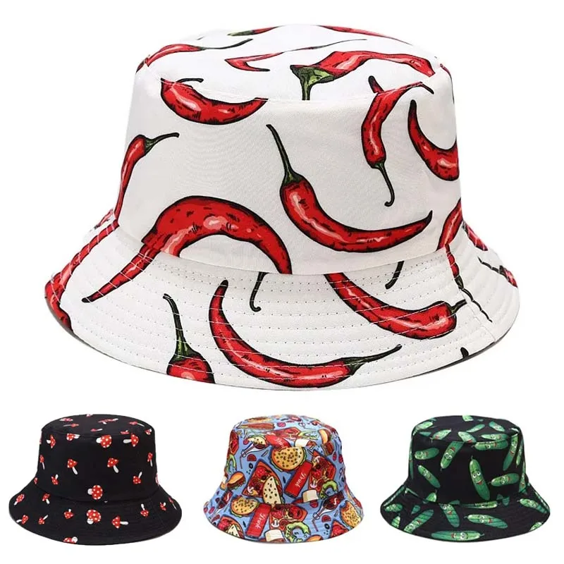 Sombreros de cubo con estampado de verduras para hombre y mujer, sombrero de Panamá plegable de doble cara, gorra de verano, hamburguesa, pimienta,