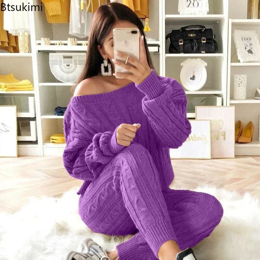 Plus Size 4XL 5XL Womens Outfits Autumn Winter Tracksuit Set Knitted Sweater and Pants Two Piece Set Women Sweater Pants Sets