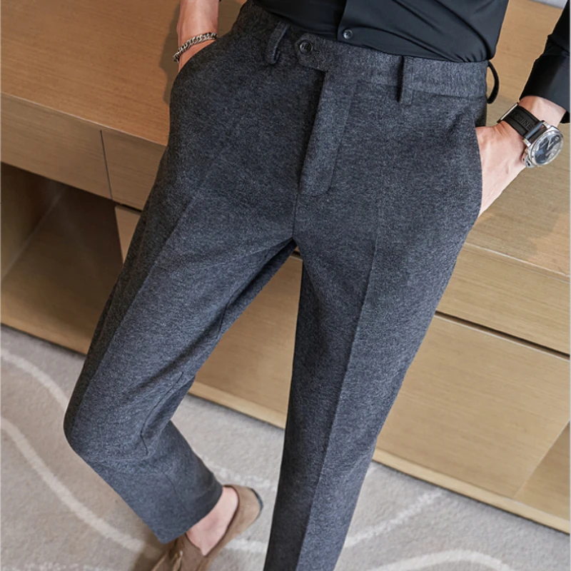 High-quality Business Slim Fit Casual Men's Pants Made of Thick Woolen Fabric Featuring A Brushed Texture.Warm Winter Pants