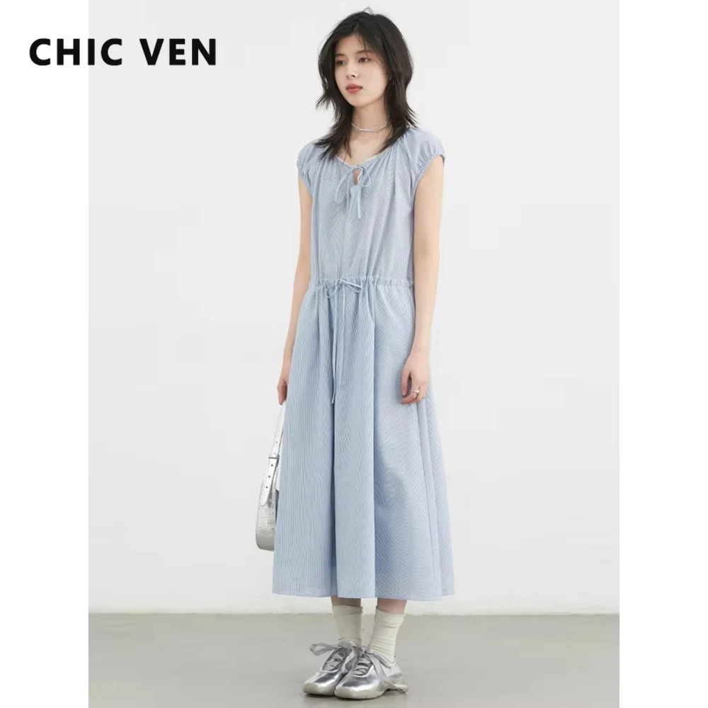 

CHIC VEN Women Long Dresses Blue O Neck Loose Casual New Lace Up Striped Pullover Dress for Girl A Line Spring Summer 2025