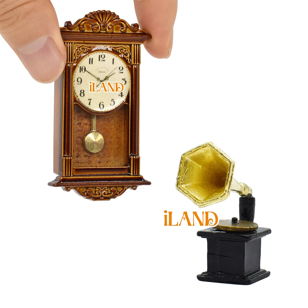 

iLAND Miniature Dollhouse Accessories 1:12 Scale Doll House Living Room Study Décor Vintage Grandfather Wall Clock Record Player