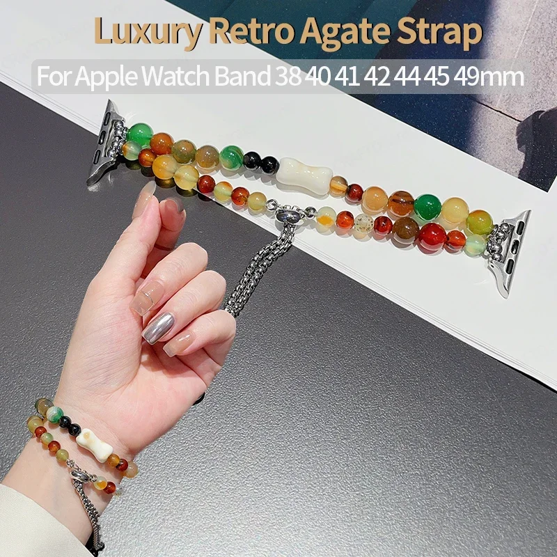 

Retro Agate Strap for Apple Watch Band 40mm Corra 44mm 45 38 41 42 Color Bead Bracelet Chain for Iwatch 9 8 7 6 5 4 3 Ultra 49mm