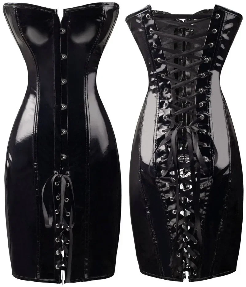 Steampunk Overbust Corselet Women Shiny PU Leather Long Torso Corset Dress Waist Trainer Bustiers Plus Size - Image 2
