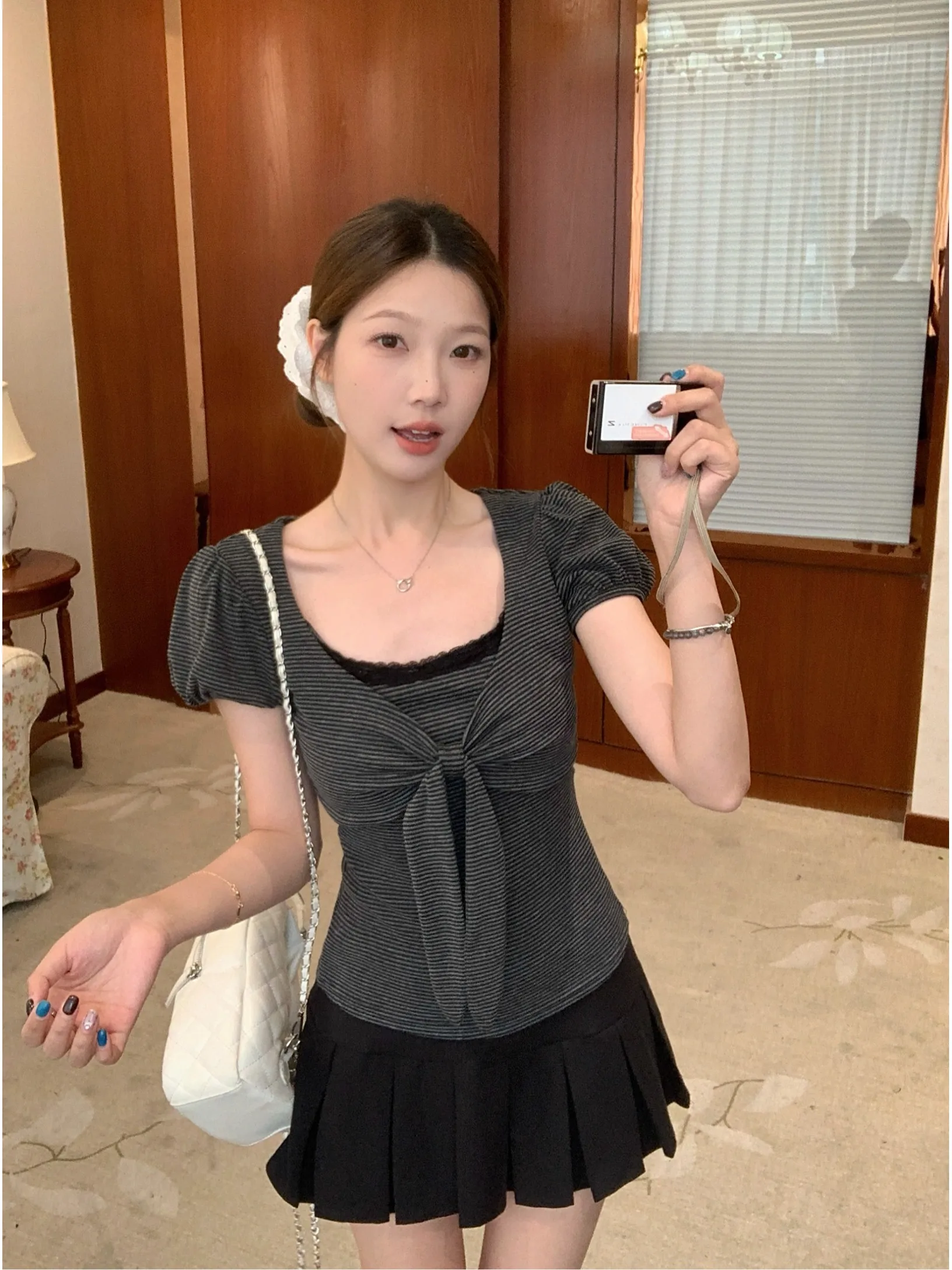 

plus Size Women's Korean Style Striped Short Sleeve T-Shirt with Belt Slimming Design Square Collar Summer New Fashion Top
