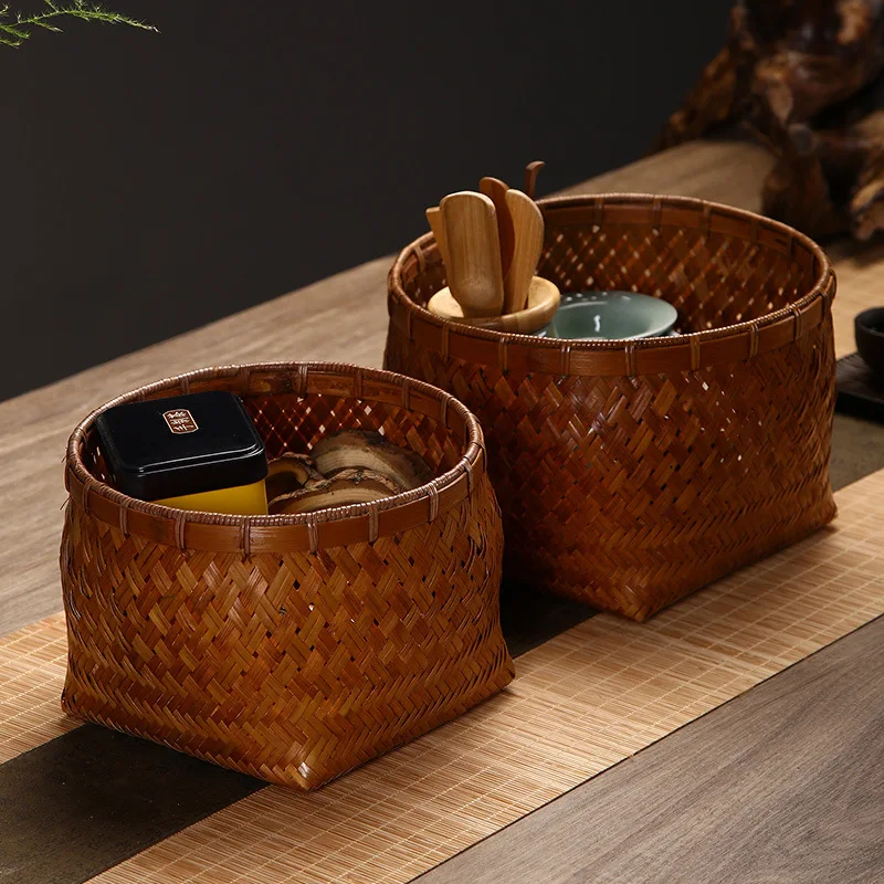 Cesta de almacenamiento de bambú redonda tejida a mano, contenedor de organización del hogar Vintage para mesa de centro, decoración de escritorio, caja de baratijas de ratán Natural