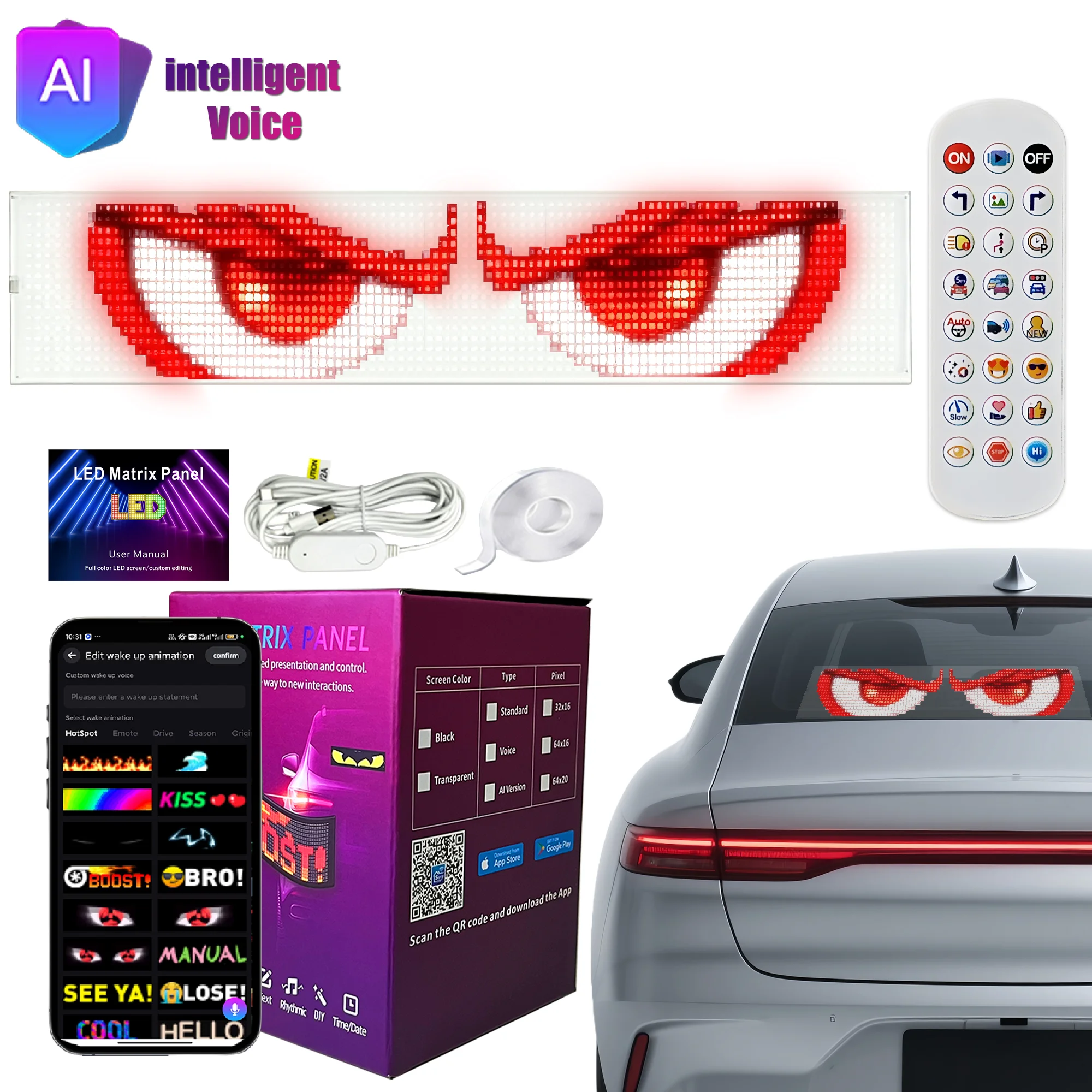 Transparent Car Windshield LED Matrix Display, AI Voice RGB Pixel Panel, DIY Custom Graffiti & Scrolling Text Lighting Board