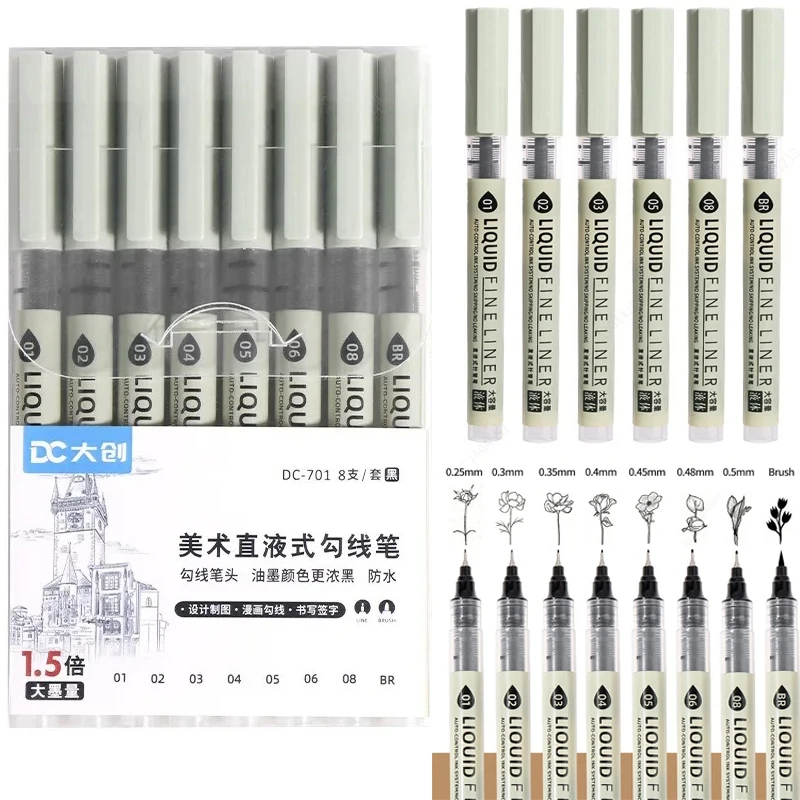 12Pcs Different Tips Black Gel Pen 005/01/02/03 Fine Line Sketching Marker Fineliner Drawing Pens Manga Art Marker Set Supplies