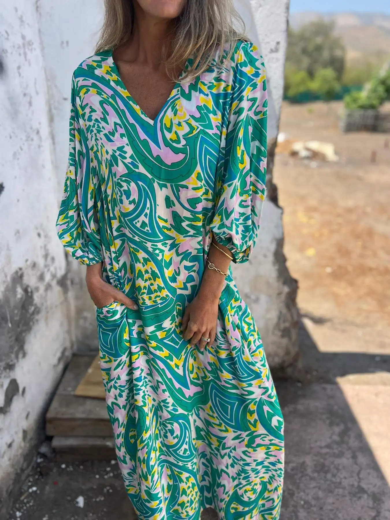 Casual Boho Printed Long Dress For Women Spring Loose V-neck Long Sleeve Pocket A-line Dresses Fashion Lady New Commuting Robe