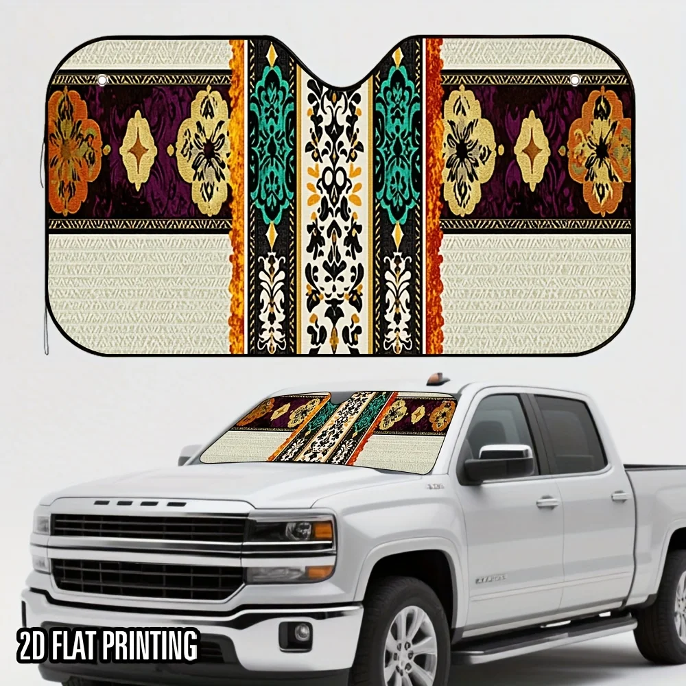 1pc Colorful Floral Stripes Print Car Sunshade - Stylish & Practical Heat Protection, 4 Suction Cups, Foldable Design For Cars,