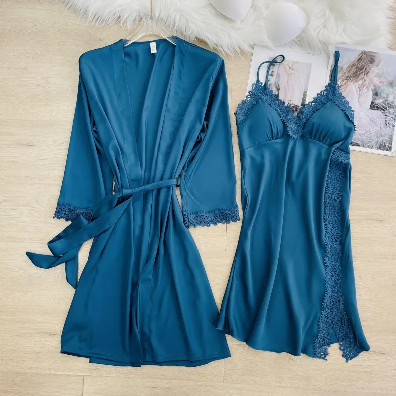 Sexy Robe Set With Strap Nightgown Lace Trim Nightdress Women Lingerie Spring Summer Silky Satin Kimono Bathrobe Loose Home Wear