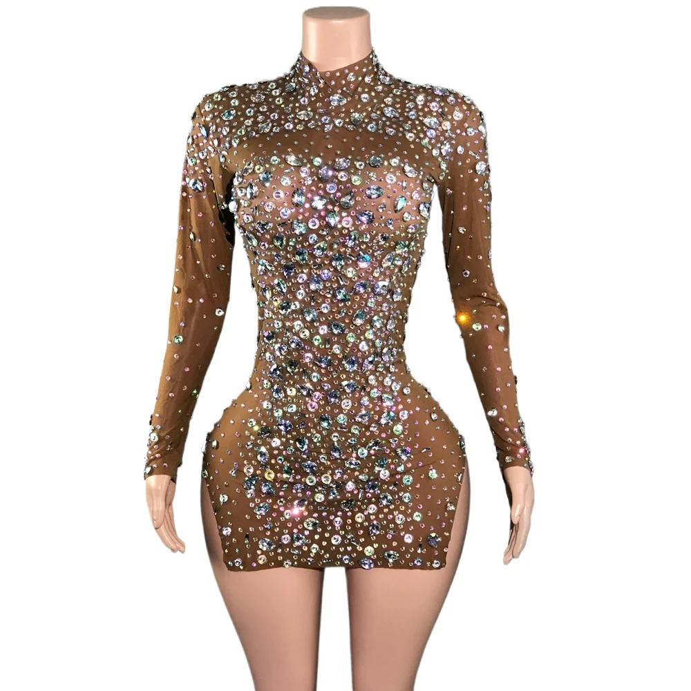 

Блестящее короткое платье с разрезом AB Stones для женщин, сексуальное темное сетчатое прозрачное платье для выпускного вечера, дня рождения, одежда для фотосессии