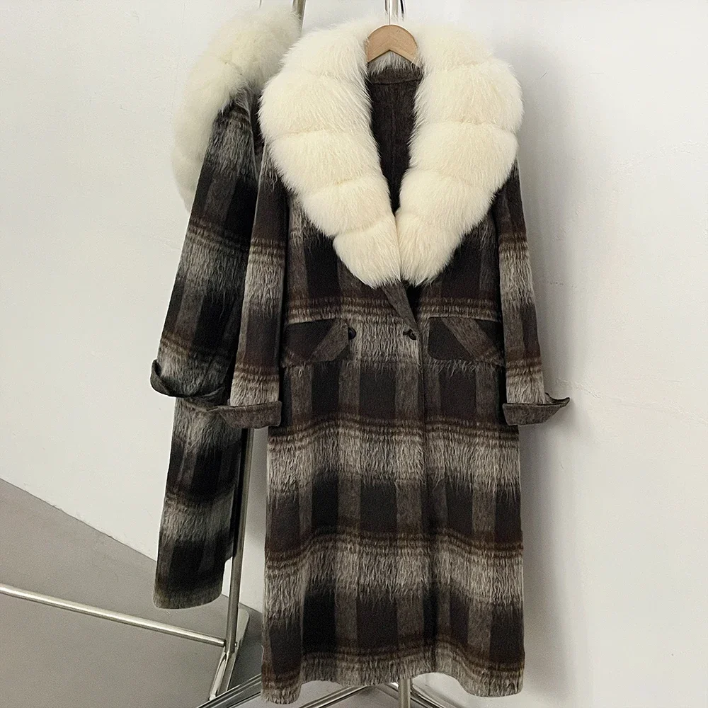 OFTBUY Neue warme Winteroberbekleidung für Damen, mittellanger 100% Wollmantel, Damenjacke mit echtem Fuchspelzkragen, Vintage-Karo-Wolljacke – Detail 13