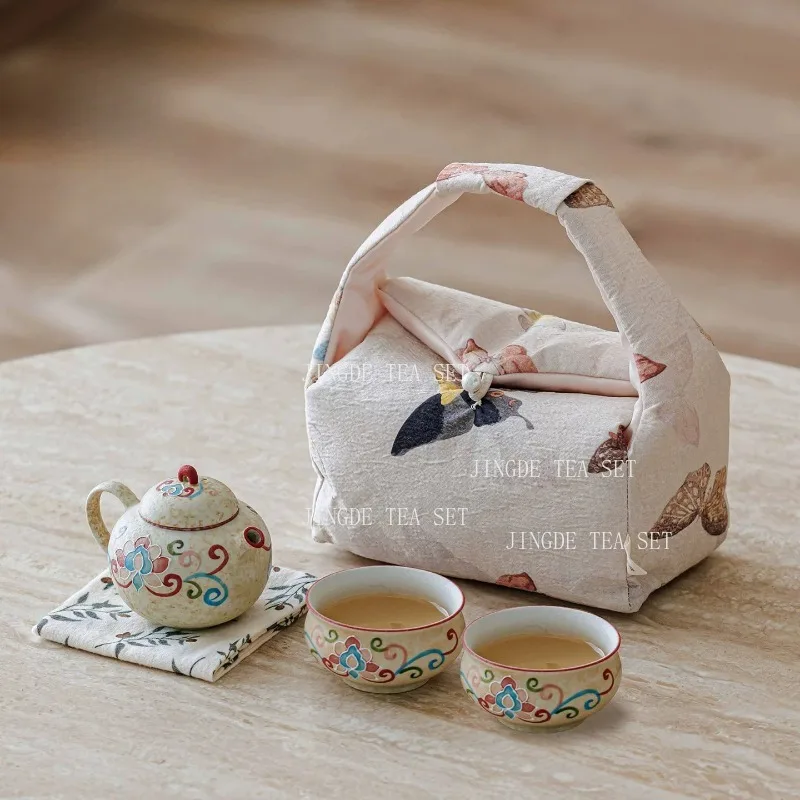 Floral Painted Travel Tea Set Ceramic Teapot Teacup Kit With Storage Bag Portable Outdoor Household Kung Fu Tea Ceremony Teaware