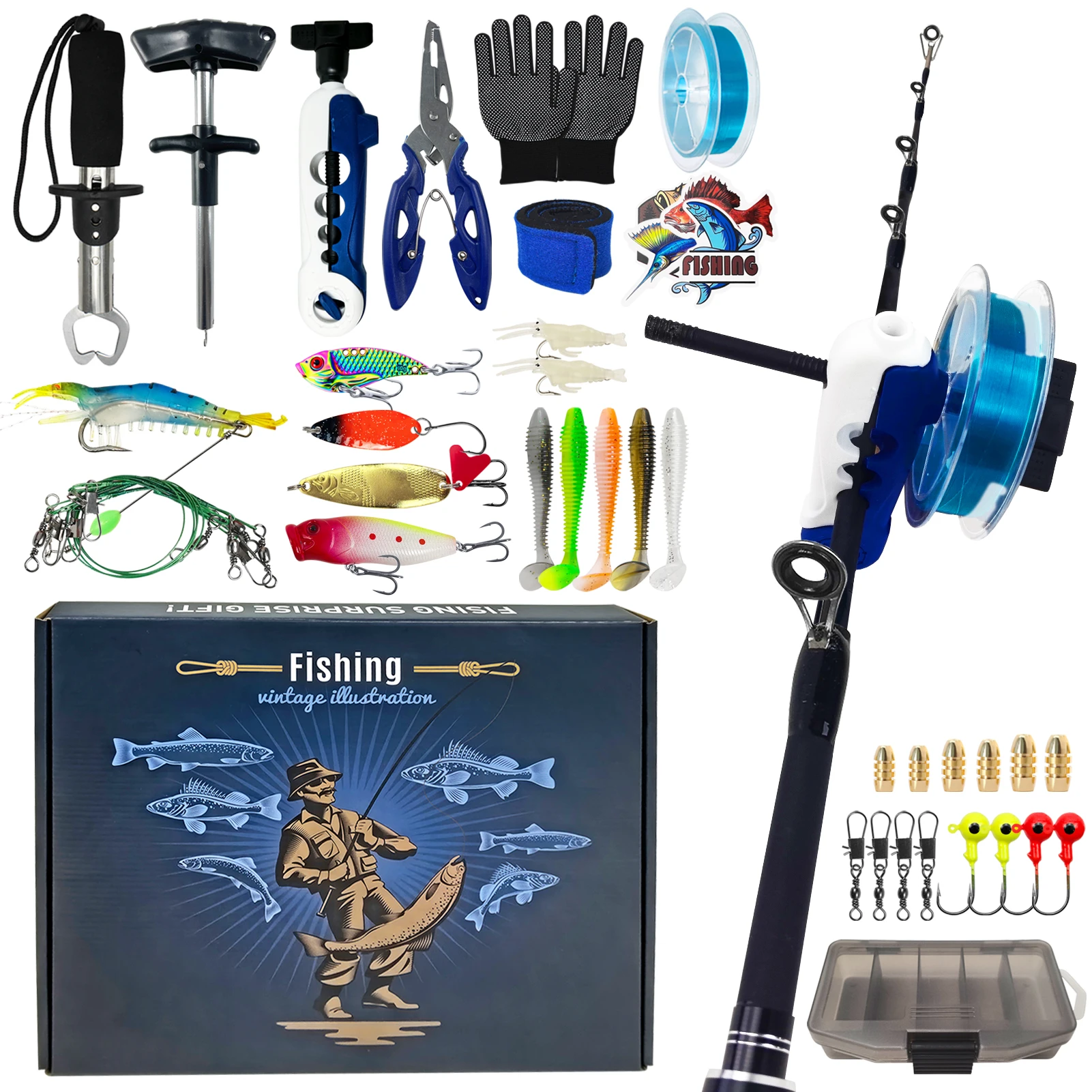 

FREE FISHER 85pcs/Box Fishing Tackle Gift Box,Mixed Lures Hooks,Fishing Gripper Pliers,Hooks Swivels,Floats Line Accessories Kit