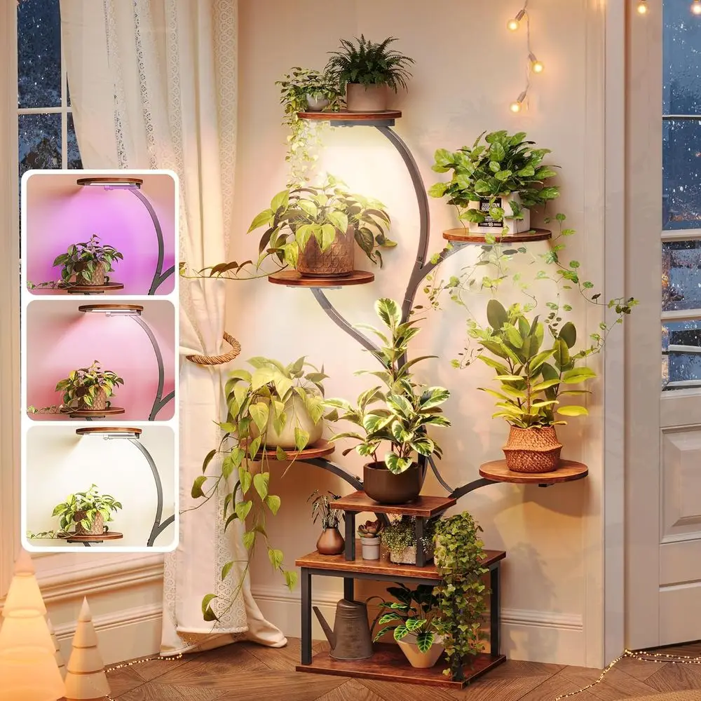 

51 Inch Plant Stand with Grow Lights, 8 Tiered Indoor Plant Shel with Larger lower Holder, Curved-tubed Design, 3 Light es, Plan
