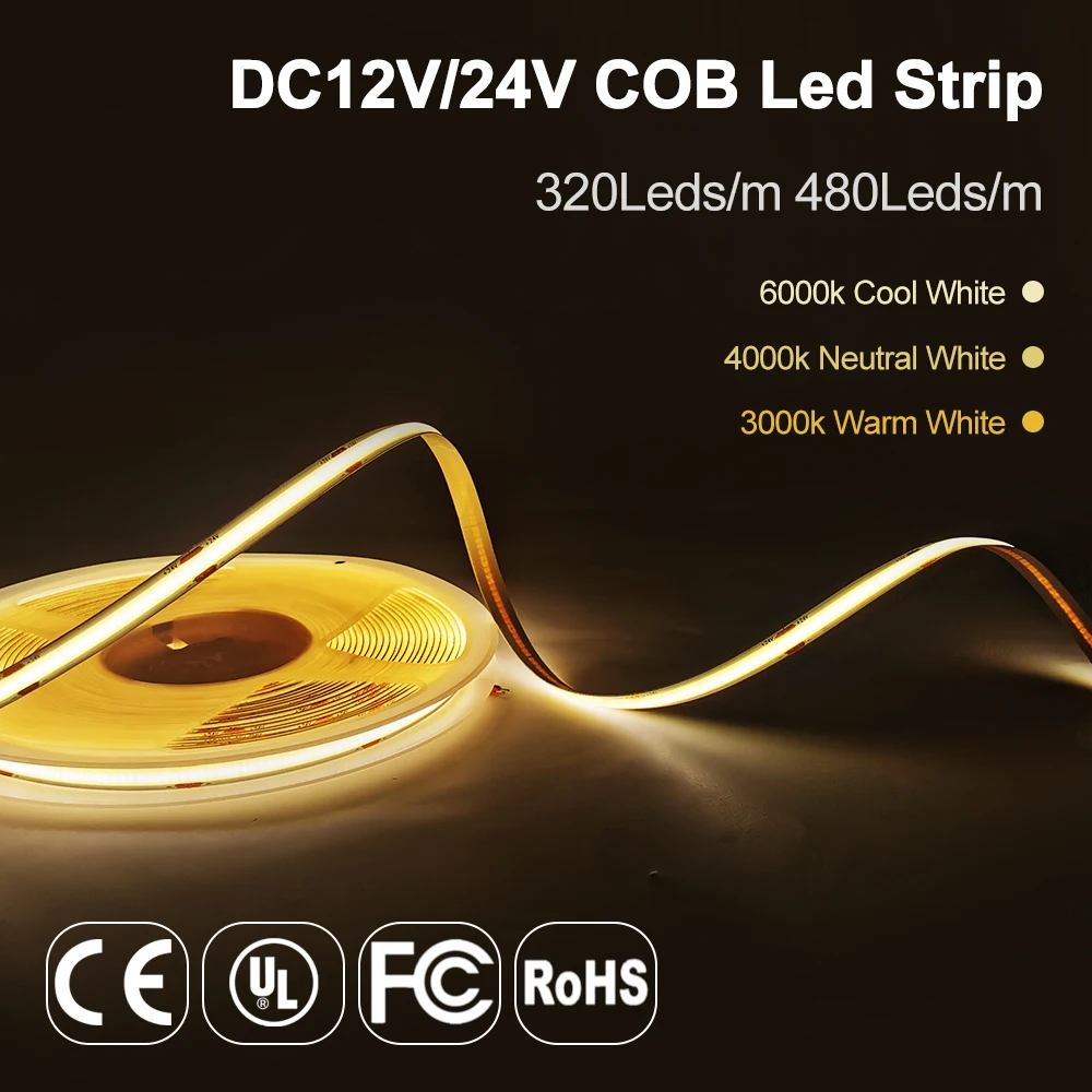 10m/Roll COB Led Strip Light 320 480 Leds/M High Density Flexible 8mm Tape Linear Dimmable Warm Nature Cool White RA90 DC12V/24V