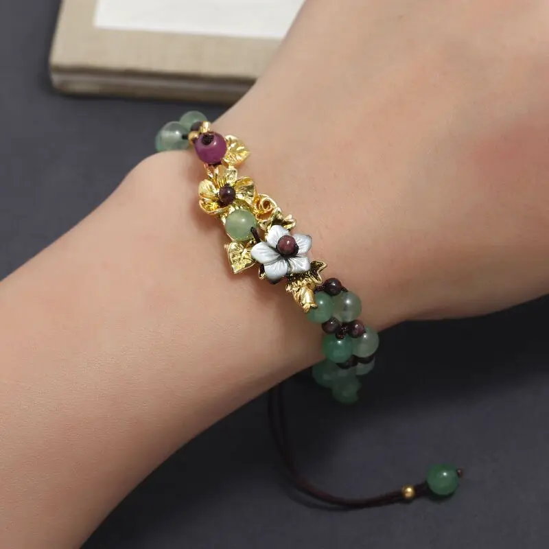 Aventurine Beaded Bracelet For Women Hand Braided With Iris Flower Charms Vintage Chinese Style Adjustable Jewelry For Daily Wea